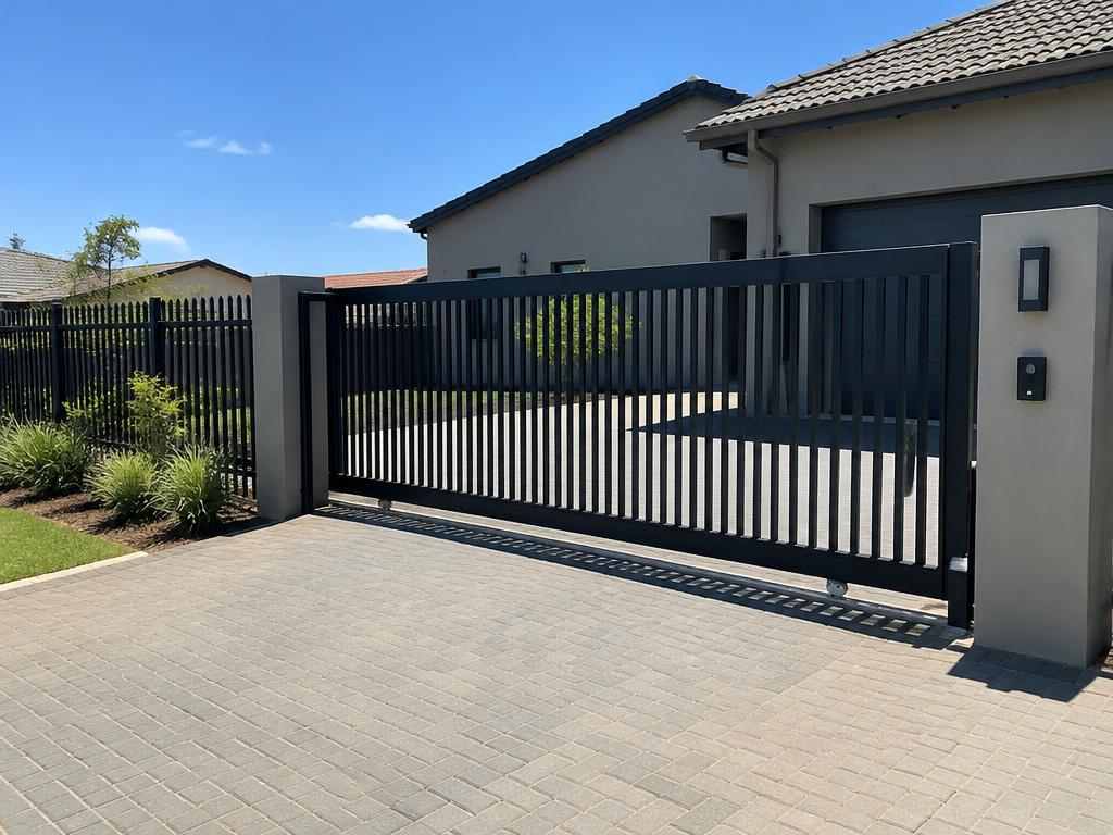 Black steel sliding driveway gate with matching fence at a home